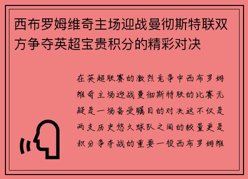 西布罗姆维奇主场迎战曼彻斯特联双方争夺英超宝贵积分的精彩对决